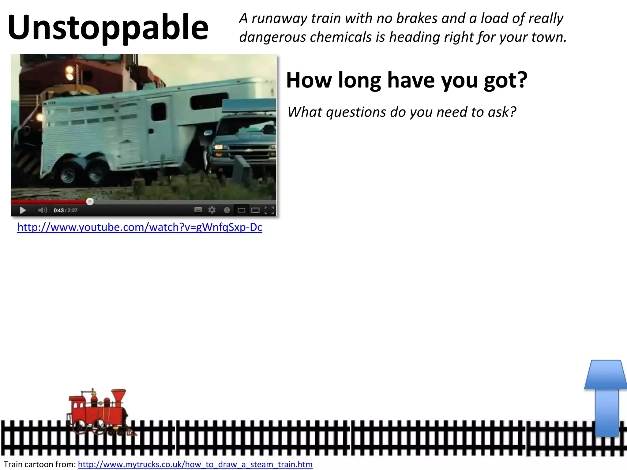 http://www.youtube.com/watch?v=gWnfqSxp-Dc
Unstoppable A runaway train with no brakes and a load of really
dangerous chemicals is heading right for your town.
How long have you got?
What questions do you need to ask?
Train cartoon from: http://www.mytrucks.co.uk/how_to_draw_a_steam_train.htm http://en.wikipedia.org/wiki/CSX_8888_incident
 