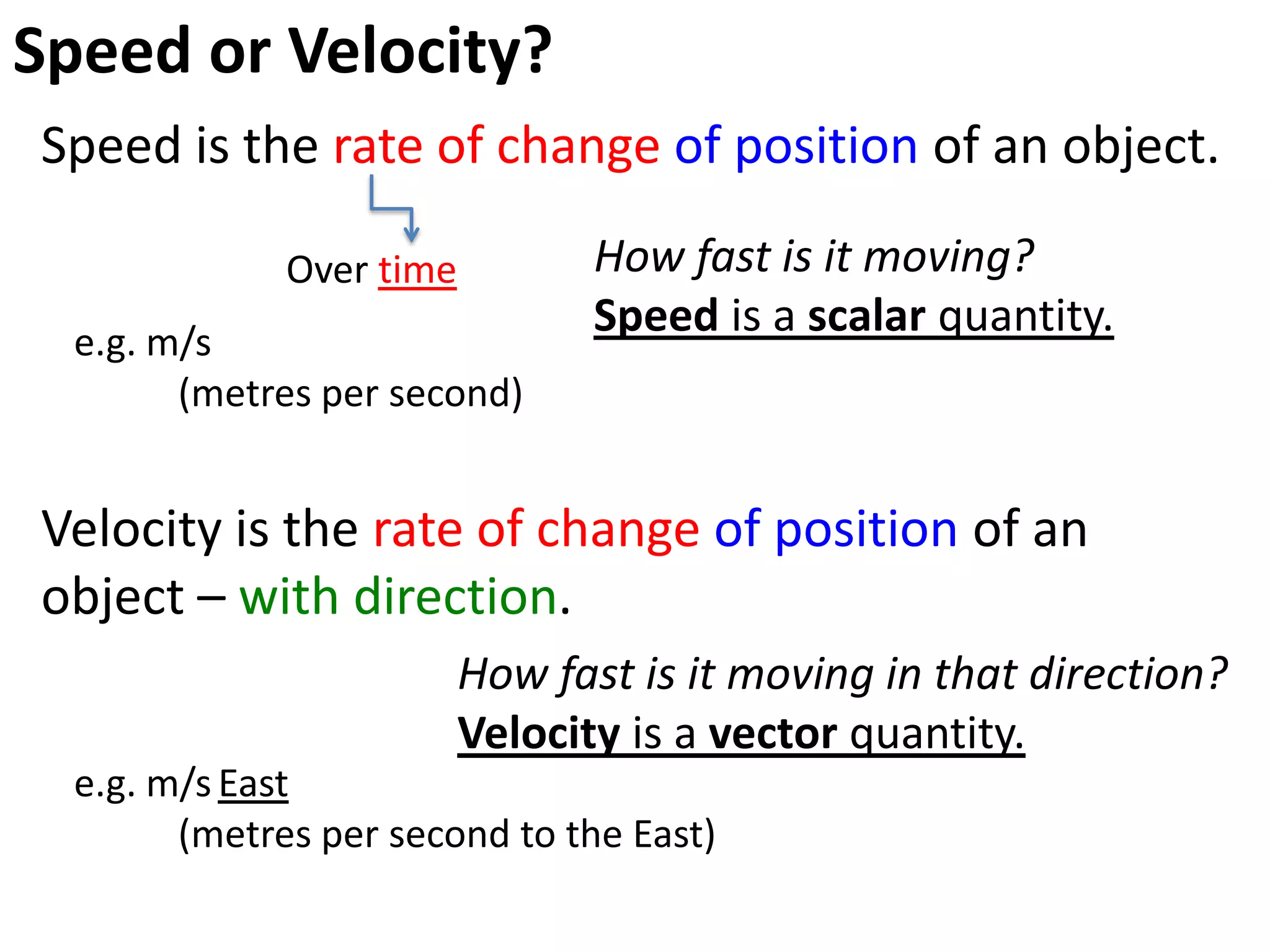 Representing motion graphically
Sketch two curves for Michael Johnson:
• Distance/time
• Displacement/time http://www.youtube.com/watch?v=zbqy1Rpjgmw#t=2m18s
Distinguish between distance and
displacement.
0
4515 30
400
200
100
300
time (seconds)
d(metres)
 