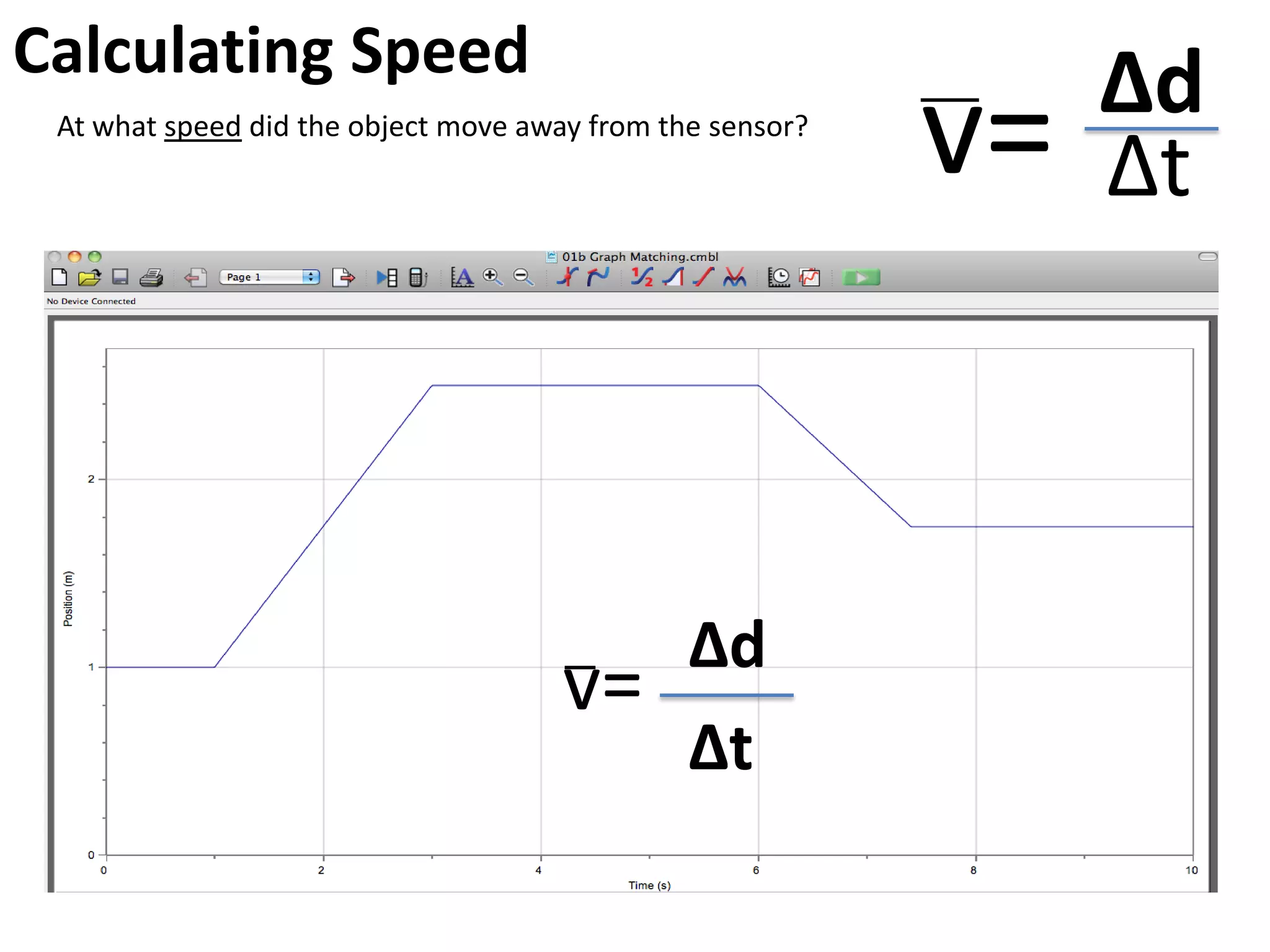 Walk This Way Using LoggerPro to generate distance/time graphs.
Challenge 1:
• Open the experiment “01b Graph Matching.cmbl”
• Give everyone a chance to move themselves to follow the line as closely as
possible. Make sure the motion sensor is aimed at the body the whole time.
• Save some good examples and share them with the group.
What does the line show?
resting
Fast constant motion
Slow constant motion
away from the sensor
towards the sensor
 