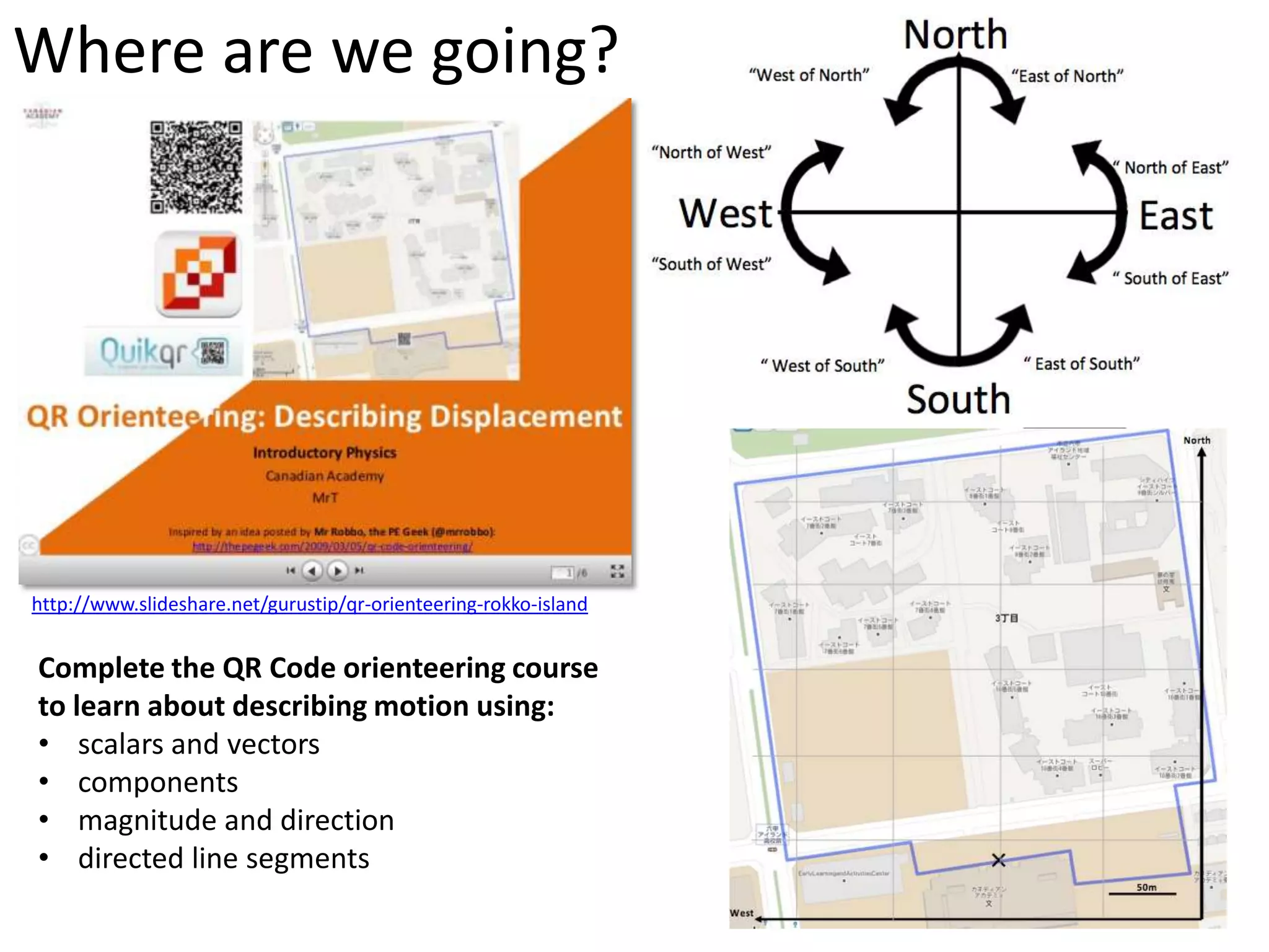 Where are we going?
http://www.slideshare.net/gurustip/qr-orienteering-rokko-island
Complete the QR Code orienteering course
to learn about describing motion using:
• scalars and vectors
• components
• magnitude and direction
• directed line segments
 