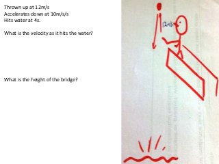 Thrown up at 12m/s
Accelerates down at 10m/s/s
Hits water at 4s.
What is the velocity as it hits the water?
What is the height of the bridge?
 