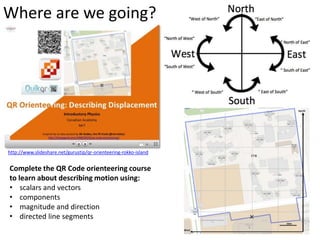 Where are we going?
http://www.slideshare.net/gurustip/qr-orienteering-rokko-island
Complete the QR Code orienteering course
to learn about describing motion using:
• scalars and vectors
• components
• magnitude and direction
• directed line segments
 