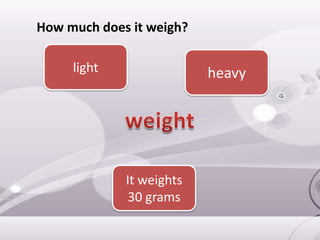 light heavy
It weights
30 grams
How much does it weigh?
 