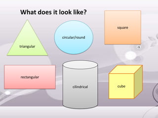 triangular
circular/round
square
rectangular
cilindrical cube
What does it look like?
 