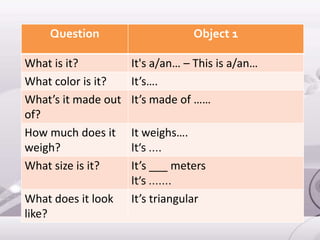 Question Object 1
What is it? It's a/an… – This is a/an…
What color is it? It’s….
What’s it made out
of?
It’s made of ……
How much does it
weigh?
It weighs….
It’s ….
What size is it? It’s ___ meters
It’s …….
What does it look
like?
It’s triangular
 