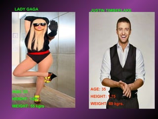 LADY GAGA AGE: 23 HEIGHT: 1.65 WEIGHT: 55 kgrs . JUSTIN TIMBERLAKE AGE: 35 HEIGHT: 1.75 WEIGHT: 69 kgrs. 