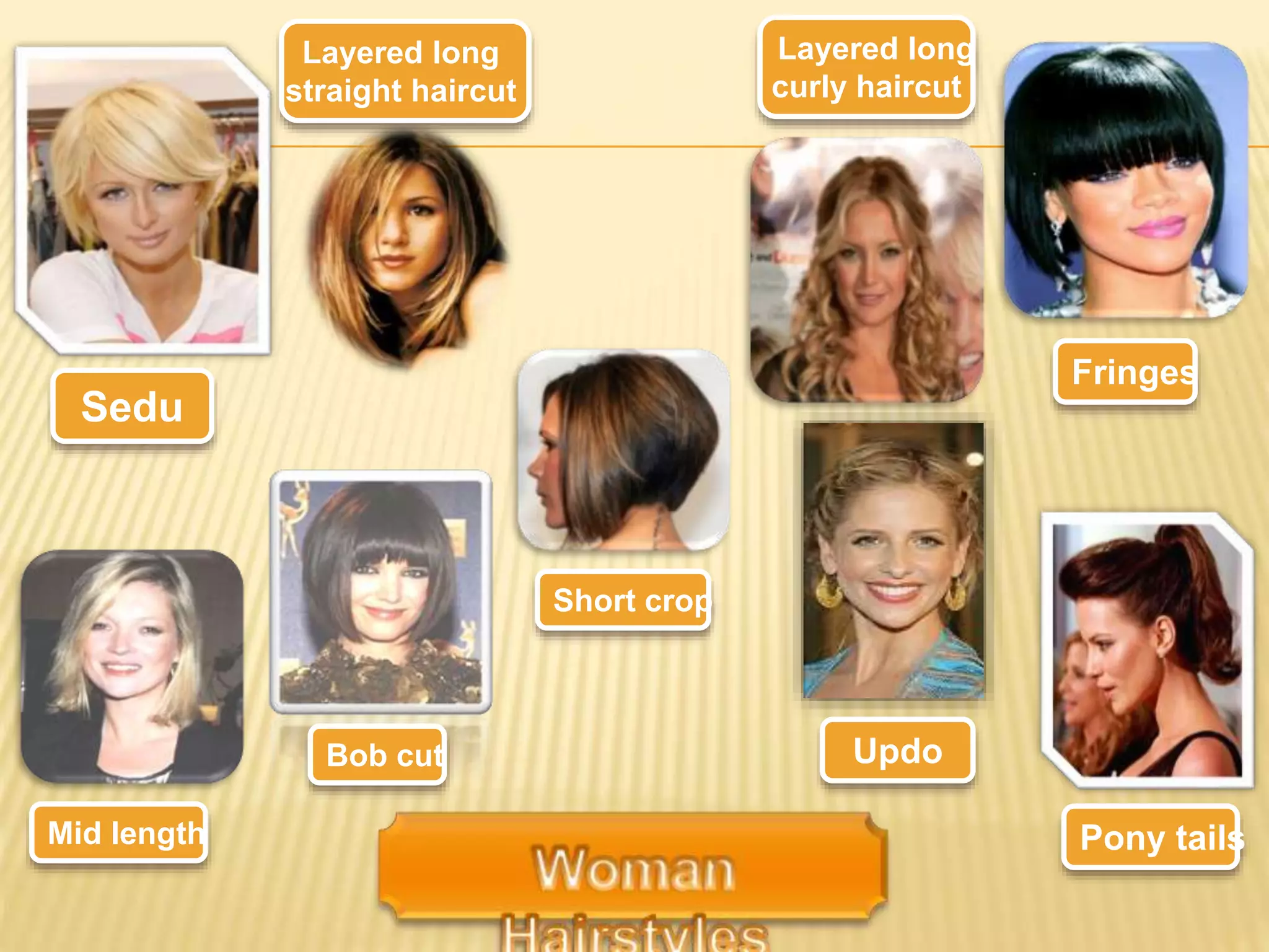 Sedu
Layered long
straight haircut
Layered long
curly haircut
Fringes
Updo
Pony tails
Short crop
Mid length
Bob cut