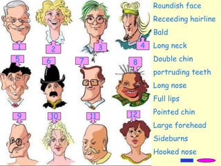 1 32
4
5 876
9 1110 12
Roundish face
Receeding hairline
Bald
Long neck
Double chin
portruding teeth
Long nose
Full lips
Pointed chin
Large forehead
Sideburns
Hooked nose
 