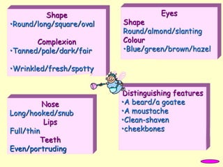 Nose
Long/hooked/snub
Lips
Full/thin
Teeth
Even/portruding
Eyes
Shape
Round/almond/slanting
Colour
•Blue/green/brown/hazel
Shape
•Round/long/square/oval
Complexion
•Tanned/pale/dark/fair
•Wrinkled/fresh/spotty
Distinguishing features
•A beard/a goatee
•A moustache
•Clean-shaven
•cheekbones
 