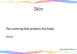 Skin
The covering that protects the body.
(noun)
www.excellentesl4u.com
 