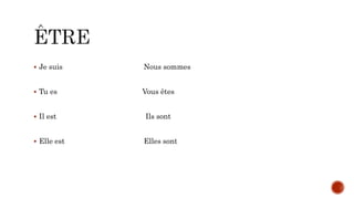  Je suis Nous sommes
 Tu es Vous êtes
 Il est Ils sont
 Elle est Elles sont
 