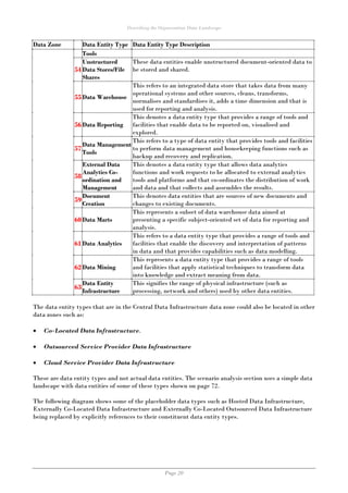 Describing the Organisation Data Landscape
Page 20
Data Zone Data Entity Type Data Entity Type Description
Tools
54
Unstructured
Data Stores/File
Shares
These data entities enable unstructured document-oriented data to
be stored and shared.
55Data Warehouse
This refers to an integrated data store that takes data from many
operational systems and other sources, cleans, transforms,
normalises and standardises it, adds a time dimension and that is
used for reporting and analysis.
56Data Reporting
This denotes a data entity type that provides a range of tools and
facilities that enable data to be reported on, visualised and
explored.
57
Data Management
Tools
This refers to a type of data entity that provides tools and facilities
to perform data management and housekeeping functions such as
backup and recovery and replication.
58
External Data
Analytics Co-
ordination and
Management
This denotes a data entity type that allows data analytics
functions and work requests to be allocated to external analytics
tools and platforms and that co-ordinates the distribution of work
and data and that collects and assembles the results.
59
Document
Creation
This denotes data entities that are sources of new documents and
changes to existing documents.
60Data Marts
This represents a subset of data warehouse data aimed at
presenting a specific subject-oriented set of data for reporting and
analysis.
61Data Analytics
This refers to a data entity type that provides a range of tools and
facilities that enable the discovery and interpretation of patterns
in data and that provides capabilities such as data modelling.
62Data Mining
This represents a data entity type that provides a range of tools
and facilities that apply statistical techniques to transform data
into knowledge and extract meaning from data.
63
Data Entity
Infrastructure
This signifies the range of physical infrastructure (such as
processing, network and others) used by other data entities.
The data entity types that are in the Central Data Infrastructure data zone could also be located in other
data zones such as:
 Co-Located Data Infrastructure.
 Outsourced Service Provider Data Infrastructure
 Cloud Service Provider Data Infrastructure
These are data entity types and not actual data entities. The scenario analysis section uses a simple data
landscape with data entities of some of these types shown on page 72.
The following diagram shows some of the placeholder data types such as Hosted Data Infrastructure,
Externally Co-Located Data Infrastructure and Externally Co-Located Outsourced Data Infrastructure
being replaced by explicitly references to their constituent data entity types.
 