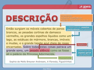 Abel Mota
Então surgiam os móveis cobertos de panos
brancos, as pesadas cortinas de damasco
vermelho, os grandes espelhos líquidos como um
lago, as estátuas de mármore, brancas, imóveis
e mudas, e o grande tapete azul cheio de rosas
encarnadas. Sobre todas estas coisas pairava um
grande sono, um pesado silêncio como se fosse
ali o palácio da Princesa Adormecida.
Sophia de Mello Breyner Andresen, A Floresta, Figueirinhas
Descrição doDescrição do
aspeto geralaspeto geral
dos objetosdos objetos
Descrição doDescrição do
aspeto geralaspeto geral
dos objetosdos objetos
Descrição deDescrição de aspetosaspetos
particularesparticulares dos objetosdos objetos
Descrição deDescrição de aspetosaspetos
particularesparticulares dos objetosdos objetos
EnumeraçãoEnumeração
Adjetivos qualificativosAdjetivos qualificativos
Pretérito imperfeito do indicativoPretérito imperfeito do indicativo
EnumeraçãoEnumeração
Adjetivos qualificativosAdjetivos qualificativos
Pretérito imperfeito do indicativoPretérito imperfeito do indicativo
MetáforaMetáforaMetáforaMetáfora
ComparaçãoComparaçãoComparaçãoComparação
 