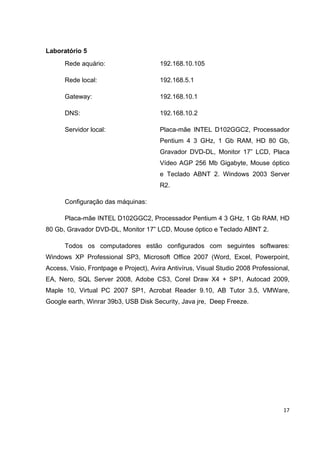 Laboratório 5
      Rede aquário:                     192.168.10.105

      Rede local:                       192.168.5.1

      Gateway:                          192.168.10.1

      DNS:                              192.168.10.2

      Servidor local:                   Placa-mãe INTEL D102GGC2, Processador
                                        Pentium 4 3 GHz, 1 Gb RAM, HD 80 Gb,
                                        Gravador DVD-DL, Monitor 17” LCD, Placa
                                        Vídeo AGP 256 Mb Gigabyte, Mouse óptico
                                        e Teclado ABNT 2. Windows 2003 Server
                                        R2.

      Configuração das máquinas:

      Placa-mãe INTEL D102GGC2, Processador Pentium 4 3 GHz, 1 Gb RAM, HD
80 Gb, Gravador DVD-DL, Monitor 17” LCD, Mouse óptico e Teclado ABNT 2.

      Todos os computadores estão configurados com seguintes softwares:
Windows XP Professional SP3, Microsoft Office 2007 (Word, Excel, Powerpoint,
Access, Visio, Frontpage e Project), Avira Antivírus, Visual Studio 2008 Professional,
EA, Nero, SQL Server 2008, Adobe CS3, Corel Draw X4 + SP1, Autocad 2009,
Maple 10, Virtual PC 2007 SP1, Acrobat Reader 9.10, AB Tutor 3.5, VMWare,
Google earth, Winrar 39b3, USB Disk Security, Java jre, Deep Freeze.




                                                                                   17
 