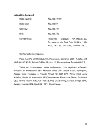 Laboratório Campus II
      Rede aquário:                   192.168.10.109

      Rede local:                     192.168.9.1

      Gateway:                        192.168.10.1

      DNS:                            192.168.10.2

      Servidor local:                 Placa-mãe      Gigabyte    GA-945GZM-S2,
                                      Processador Intel Dual Core 1.6 GHz, 1 Gb
                                      RAM, HD 80 Gb Sata, Monitor 15” .



      Configuração das máquinas:

      Placa-mãe PC CHIPS K8VGA-M, Processador Semprom 2600+ 1.6Ghz, 512
MB RAM, HD 40 Gb, Drive CD-ROM, Monitor 15”, Mouse óptico e Teclado ABNT 2.

      Todos os computadores estão configurados com seguintes softwares:
Windows XP Professional SP3, Microsoft Office 2007 (Word, Excel, Powerpoint,
Access, Visio, Frontpage e Project), Virtual PC 2007 SP1, Winrar 39b3, Avira
Antivírus, Maple 10, Macromedia XP (Dreamweaver, Fireworks e Flash), Photoshop
CS2, Acrobat Reader 9.10, AB Tutor 3.5, USB Disk Security, Assistat, Google earth,
Java jre, Indesign CS2, Corel X4 + SP1, Deep Freeze.




                                                                               30
 