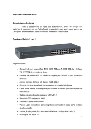 EQUIPAMENTOS DA REDE



Descrição dos Switches
           Todo o cabeamento de rede dos Laboratórios, antes de chegar aos
switches, é conectado em um Patch Panel, e conectado com patch cords saindo por
uma porta e conectado na porta de mesmo numero do Patch Panel.



Furukawa (Switch 1 Lab 1)




Especificações:

     • Compatível com os padrões IEEE 802.3 10Base-T, IEEE 802.3u 100Base-
       TX, IEEE802.3x controle de fluxo
     • Fornece 24 portas UTP 10/100Mbps e operação Full/Half duplex para cada
       conexão
     • Atende controle de fluxo full-duplex (IEEE 802.x)
     • Controle de fluxo através de back pressure em modo half-duplex
     • Cada porta atende auto-negociação da taxa e sentido (full/half duplex) de
       transmissão
     • Cada porta atende auto-crossover MDI/MDI-X
     • Suporta 8.000 endereços MAC
     • Arquitetura store-and-forward
     • Possui LEDs indicadores para diagnóstico completo de cada porta e status
       da alimentação
     • Instalação plug-and-play, sem necessidade de configuração (setup)
     • Montagem em Rack 19"
                                                                              37
 
