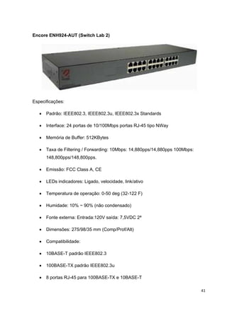 Encore ENH924-AUT (Switch Lab 2)




Especificações:

   •   Padrão: IEEE802.3, IEEE802.3u, IEEE802.3x Standards

   •   Interface: 24 portas de 10/100Mbps portas RJ-45 tipo NWay

   •   Memória de Buffer: 512KBytes

   •   Taxa de Filtering / Forwarding: 10Mbps: 14,880pps/14,880pps 100Mbps:
       148,800pps/148,800pps.

   •   Emissão: FCC Class A, CE

   •   LEDs indicadores: Ligado, velocidade, link/ativo

   •   Temperatura de operação: 0-50 deg (32-122 F)

   •   Humidade: 10% ~ 90% (não condensado)

   •   Fonte externa: Entrada:120V saída: 7,5VDC 2ª

   •   Dimensões: 275/98/35 mm (Comp/Prof/Alt)

   •   Compatibilidade:

   •   10BASE-T padrão IEEE802.3

   •   100BASE-TX padrão IEEE802.3u

   •   8 portas RJ-45 para 100BASE-TX e 10BASE-T

                                                                              41
 