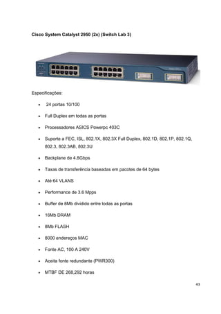 Cisco System Catalyst 2950 (2x) (Switch Lab 3)




Especificações:

   •   24 portas 10/100

   •   Full Duplex em todas as portas

   •   Processadores ASICS Powerpc 403C

   •   Suporte a FEC, ISL, 802.1X, 802.3X Full Duplex, 802.1D, 802.1P, 802.1Q,
       802.3, 802.3AB, 802.3U

   •   Backplane de 4.8Gbps

   •   Taxas de transferência baseadas em pacotes de 64 bytes

   •   Até 64 VLANS

   •   Performance de 3.6 Mpps

   •   Buffer de 8Mb dividido entre todas as portas

   •   16Mb DRAM

   •   8Mb FLASH

   •   8000 endereços MAC

   •   Fonte AC, 100 A 240V

   •   Aceita fonte redundante (PWR300)

   •   MTBF DE 268,292 horas

                                                                                 43
 
