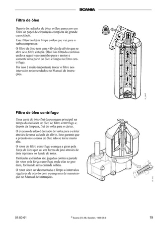 01:03-01 © Scania CV AB, Sweden, 1999-06:4 19
Filtro de óleo
Depois do radiador de óleo, o óleo passa por um
filtro de papel de circulação completa de grande
capacidade.
Esse filtro também limpa o óleo que vai para o
turbocompressor.
O filtro de óleo tem uma válvula de alívio que se
abre se o filtro entupir. Óleo não filtrado continua
então a seguir seu caminho para o motor e
somente uma parte do óleo é limpa no filtro cen-
trífugo.
Por isso é muito importante trocar o filtro nos
intervalos recomendados no Manual de instru-
ções.
Filtro de óleo centrífugo
Uma parte do óleo flui da passagen principal na
tampa do radiador de óleo ao filtro centrífugo e,
depois da limpeza, flui de volta para o cárter.
O excesso de óleo é drenado de volta para o cárter
através de uma válvula de alívio. Isso garante que
a pressão no sistema de óleo não se torne muito
alta.
O rotor do filtro centrífugo começa a girar pela
força de óleo que sai em forma de jato através de
dois injetores no fundo do rotor.
Partículas estranhas são jogadas contra a parede
do rotor pela força centrífuga onde elas se gru-
dam, formando uma camada sólida.
O rotor deve ser desmontado e limpo a intervalos
regulares de acordo com o programa de manuten-
ção no Manual de instruções.
 