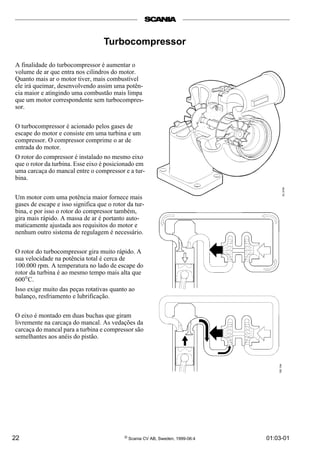 22 © Scania CV AB, Sweden, 1999-06:4 01:03-01
Turbocompressor
A finalidade do turbocompressor é aumentar o
volume de ar que entra nos cilindros do motor.
Quanto mais ar o motor tiver, mais combustível
ele irá queimar, desenvolvendo assim uma potên-
cia maior e atingindo uma combustão mais limpa
que um motor correspondente sem turbocompres-
sor.
O turbocompressor é acionado pelos gases de
escape do motor e consiste em uma turbina e um
compressor. O compressor comprime o ar de
entrada do motor.
O rotor do compressor é instalado no mesmo eixo
que o rotor da turbina. Esse eixo é posicionado em
uma carcaça do mancal entre o compressor e a tur-
bina.
Um motor com uma potência maior fornece mais
gases de escape e isso significa que o rotor da tur-
bina, e por isso o rotor do compressor também,
gira mais rápido. A massa de ar é portanto auto-
maticamente ajustada aos requisitos do motor e
nenhum outro sistema de regulagem é necessário.
O rotor do turbocompressor gira muito rápido. A
sua velocidade na potência total é cerca de
100.000 rpm. A temperatura no lado de escape do
rotor da turbina é ao mesmo tempo mais alta que
600°C.
Isso exige muito das peças rotativas quanto ao
balanço, resfriamento e lubrificação.
O eixo é montado em duas buchas que giram
livremente na carcaça do mancal. As vedações da
carcaça do mancal para a turbina e compressor são
semelhantes aos anéis do pistão.
 