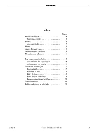 01:03-01 © Scania CV AB, Sweden, 1999-06:4 3
Índice
Página
Bloco de cilindros . . . . . . . . . . . . . . . . . . . . . . . . . . . . 4
Camisa de cilindro . . . . . . . . . . . . . . . . . . . . . . . . . 4
Pistões . . . . . . . . . . . . . . . . . . . . . . . . . . . . . . . . . . . . . 6
Anéis do pistão . . . . . . . . . . . . . . . . . . . . . . . . . . . . 7
Bielas. . . . . . . . . . . . . . . . . . . . . . . . . . . . . . . . . . . . . . 8
Árvore de manivelas . . . . . . . . . . . . . . . . . . . . . . . . . . 9
Amortecedor de vibrações. . . . . . . . . . . . . . . . . . . . . 10
Mecanismo da válvula. . . . . . . . . . . . . . . . . . . . . . . . 11
Engrenagens de distribuição . . . . . . . . . . . . . . . . . . . 14
Acionamento por engrenagem . . . . . . . . . . . . . . . 14
Acionamento por correia . . . . . . . . . . . . . . . . . . . 16
Sistema de lubrificação . . . . . . . . . . . . . . . . . . . . . . . 17
Bomba de óleo . . . . . . . . . . . . . . . . . . . . . . . . . . . 17
Radiador de óleo. . . . . . . . . . . . . . . . . . . . . . . . . . 18
Filtro de óleo. . . . . . . . . . . . . . . . . . . . . . . . . . . . . 19
Filtro de óleo centrífugo . . . . . . . . . . . . . . . . . . . . 19
Passagens de óleo de lubrificação. . . . . . . . . . . . . 20
Turbocompressor. . . . . . . . . . . . . . . . . . . . . . . . . . . . 22
Refrigeração do ar de admissão. . . . . . . . . . . . . . . . . 23
 