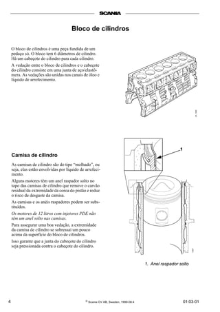 4 © Scania CV AB, Sweden, 1999-06:4 01:03-01
Bloco de cilindros
O bloco de cilindros é uma peça fundida de um
pedaço só. O bloco tem 6 diâmetros de cilindro.
Há um cabeçote do cilindro para cada cilindro.
A vedação entre o bloco de cilindros e o cabeçote
do cilindro consiste em uma junta de aço/elastô-
mera. As vedações são unidas nos canais de óleo e
líquido de arrefecimento.
Camisa de cilindro
As camisas de cilindro são do tipo “molhado”, ou
seja, elas estão envolvidas por líquido de arrefeci-
mento.
Alguns motores têm um anel raspador solto no
topo das camisas de cilindro que remove o carvão
residual da extremidade da coroa do pistão e reduz
o risco de desgaste da camisa.
As camisas e os anéis raspadores podem ser subs-
tituídos.
Os motores de 12 litros com injetores PDE não
têm um anel solto nas camisas.
Para assegurar uma boa vedação, a extremidade
da camisa de cilindro se sobressai um pouco
acima da superfície do bloco de cilindros.
Isso garante que a junta do cabeçote do cilindro
seja pressionada contra o cabeçote do cilindro.
1. Anel raspador solto
1
 