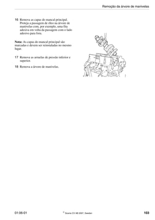01:06-01 © Scania CV AB 2007, Sweden 103
16 Remova as capas do mancal principal.
Proteja a passagem de óleo na árvore de
manivelas com, por exemplo, uma fita
adesiva em volta da passagem com o lado
adesivo para fora.
Nota: As capas do mancal principal são
marcadas e devem ser reinstaladas no mesmo
lugar.
17 Remova as arruelas de pressão inferior e
superior.
18 Remova a árvore de manivelas.
112363
Remoção da árvore de manivelas
 