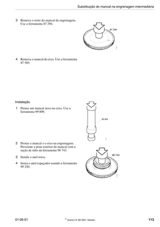 01:06-01 © Scania CV AB 2007, Sweden 113
3 Remova o resto do mancal da engrenagem.
Use a ferramenta 87 294.
111910
87 294
4 Remova o mancal do eixo. Use a ferramenta
87 505.
Instalação
1 Prense um mancal novo no eixo. Use a
ferramenta 99 009.
111911
99 009
2 Prense o mancal e o eixo na engrenagem.
Pressione a pista exterior do mancal com a
seção de tubo da ferramenta 98 743.
3 Instale o anel trava.
4 Insira o anel espaçador usando a ferramenta
99 250.
111912
98 743
Substituição do mancal na engrenagem intermediária
 