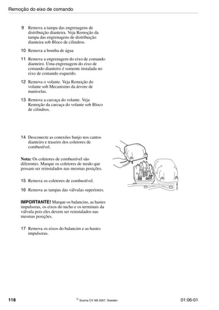 118 © Scania CV AB 2007, Sweden 01:06-01
9 Remova a tampa das engrenagens de
distribuição dianteira. Veja Remoção da
tampa das engrenagens de distribuição
dianteira sob Bloco de cilindros.
10 Remova a bomba de água
11 Remova a engrenagem do eixo de comando
dianteiro. Uma engrenagem do eixo de
comando dianteiro é somente instalada no
eixo de comando esquerdo.
12 Remova o volante. Veja Remoção do
volante sob Mecanismo da árvore de
manivelas.
13 Remova a carcaça do volante. Veja
Remoção da carcaça do volante sob Bloco
de cilindros.
14 Desconecte as conexões banjo nos cantos
dianteiro e traseiro dos coletores de
combustível.
Nota: Os coletores de combustível são
diferentes. Marque os coletores de modo que
possam ser reinstalados nas mesmas posições.
15 Remova os coletores de combustível.
16 Remova as tampas das válvulas superiores.
IMPORTANTE! Marque os balancins, as hastes
impulsoras, os eixos do tucho e os terminais da
válvula pois eles devem ser reinstalados nas
mesmas posições.
17 Remova os eixos do balancim e as hastes
impulsoras.
Remoção do eixo de comando
 