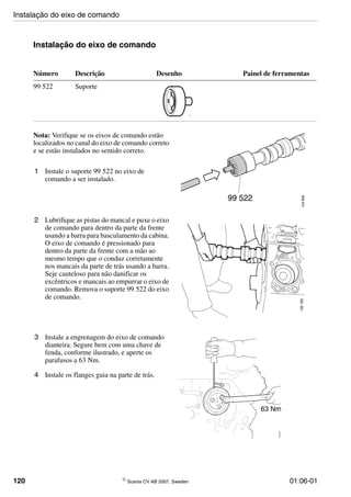 120 © Scania CV AB 2007, Sweden 01:06-01
Instalação do eixo de comando
Nota: Verifique se os eixos de comando estão
localizados no canal do eixo de comando correto
e se estão instalados no sentido correto.
1 Instale o suporte 99 522 no eixo de
comando a ser instalado.
Número Descrição Desenho Painel de ferramentas
99 522 Suporte
135649
134856
99 522
2 Lubrifique as pistas do mancal e puxe o eixo
de comando para dentro da parte da frente
usando a barra para basculamento da cabina.
O eixo de comando é pressionado para
dentro da parte da frente com a mão ao
mesmo tempo que o conduz corretamente
nos mancais da parte de trás usando a barra.
Seje cauteloso para não danificar os
excêntricos e mancais ao empurrar o eixo de
comando. Remova o suporte 99 522 do eixo
de comando.
3 Instale a engrenagem do eixo de comando
dianteira. Segure bem com uma chave de
fenda, conforme ilustrado, e aperte os
parafusos a 63 Nm.
4 Instale os flanges guia na parte de trás.
112271
63 Nm
Instalação do eixo de comando
 