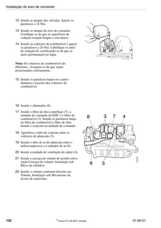 122 © Scania CV AB 2007, Sweden 01:06-01
12 Instale as tampas das válvulas. Aperte os
parafusos a 18 Nm.
13 Instale as tampas do eixo de comando.
Certifique-se de que as superfícies de
vedação estejam limpas e sem danos.
14 Instale os coletores de combustível e aperte
os parafusos a 26 Nm. Lubrifique os anéis
de vedação-O, certificando-se de que os
anéis permaneçam no lugar.
Nota: Os coletores de combustível são
diferentes. Assegure-se de que sejam
posicionados corretamente.
15 Instale os parafusos banjo nos cantos
dianteiro e traseiro dos coletores de
combustível.
16 Instale o alternador (8).
17 Instale o filtro de óleo centrífugo (7), a
unidade de comando do EDC e o filtro de
combustível (3). Instale os parafusos banjo
no filtro de combustível e filtro de óleo.
Instale o conector na unidade de comando.
18 Aparafuse o tubo de conexão entre os
coletores de admissão (5).
19 Instale o tubo do ar de admissão entre o
turbocompressor e o radiador de ar (6).
20 Instale a unidade de ventilação do cárter (4).
21 Instale a carcaça do volante de acordo com a
seção Carcaça do volante, Instalação sob
Bloco de cilindros.
22 Instale o volante conforme descrito em
Volante, Instalação sob Mecanismo da
árvore de manivelas.
Instalação do eixo de comando
 