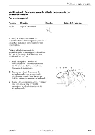 01:06-01 © Scania CV AB 2007, Sweden 149
Verificação do funcionamento da válvula de comporta do
sobrealimentador
Ferramenta especial
A função da válvula de comporta do
sobrealimentador é reduzir a pressão para que a
velocidade máxima do turbocompressor não
seja excedida.
Nota: A válvula de comporta do
sobrealimentador aguenta uma pressão máxima
de 3 bar. A ferramenta 99 405 oferece uma
pressão máxima de 2 bar.
1 Solte a mangueira 1 da união no
turbocompressor e conecte a ferramenta
99 405 conforme ilustrado. Instale uma
braçadeira de mangueira 3.
2 Pressurise a válvula de comporta do
sobrealimentador com ar comprimido
pressionando a manivela na ferramenta.
Alivie a pressão pressionando o parafuso 2.
3 Repita o processo algumas vezes e verifique
se o eixo move e tente ouvir se há
vazamentos na válvula de comporta do
sobrealimentador.
Número Descrição Desenho Painel de ferramentas
99 405 Jogo de ferramentas 99 405
115550
116226
21 99 4053
Verificações após uma pane
 