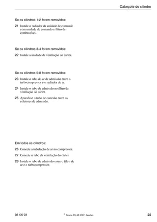 01:06-01 © Scania CV AB 2007, Sweden 25
Se os cilindros 1-2 foram removidos:
21 Instale o radiador da unidade de comando
com unidade de comando e filtro de
combustível.
Se os cilindros 3-4 foram removidos:
22 Instale a unidade de ventilação do cárter.
Se os cilindros 5-8 foram removidos:
23 Instale o tubo do ar de admissão entre o
turbocompressor e o radiador de ar.
24 Instale o tubo de admissão no filtro da
ventilação do cárter.
25 Aparafuse o tubo de conexão entre os
coletores de admissão.
Em todos os cilindros:
26 Conecte a tubulação de ar no compressor.
27 Conecte o tubo da ventilação do cárter.
28 Instale o tubo de admissão entre o filtro de
ar e o turbocompressor.
Cabeçote do cilindro
 