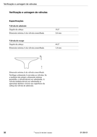32 © Scania CV AB 2007, Sweden 01:06-01
Verificação e usinagem de válvulas
Especificações
Dimensão mínima A da válvula esmerilhada
Verifique a dimensão A em todas as válvulas. Se
a medição não atingir a dimensão mínima
permitida, a válvula deverá ser substituída. A
válvula também deverá ser substituída se
apresentar defeitos visíveis nas superfícies da
cabeça da válvula de admissão.
Válvula de admissão
Ângulo da cabeça 19,5°
Dimensão mínima A da válvula esmerilhada 2,6 mm
Válvula de escape
Ângulo da cabeça 44,5°
Dimensão mínima A da válvula esmerilhada 1,8 mm
Verificação e usinagem de válvulas
 