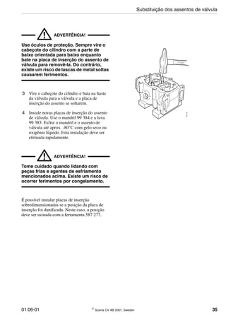 01:06-01 © Scania CV AB 2007, Sweden 35
! ADVERTÊNCIA!
Use óculos de proteção. Sempre vire o
cabeçote do cilindro com a parte de
baixo orientada para baixo enquanto
bate na placa de inserção do assento de
válvula para removê-la. Do contrário,
existe um risco de lascas de metal soltas
causarem ferimentos.
3 Vire o cabeçote do cilindro e bata na haste
da válvula para a válvula e a placa de
inserção do assento se soltarem.
4 Instale novas placas de inserção do assento
de válvula. Use o mandril 99 384 e a luva
99 385. Esfrie o mandril e o assento de
válvula até aprox. -80°C com gelo seco ou
oxigênio líquido. Esta instalação deve ser
efetuada rapidamente.
! ADVERTÊNCIA!
Tome cuidado quando lidando com
peças frias e agentes de esfriamento
mencionados acima. Existe um risco de
ocorrer ferimentos por congelamento.
É possível instalar placas de inserção
sobredimensionadas se a posição da placa de
inserção foi danificada. Neste caso, a posição
deve ser usinada com a ferramenta 587 277.
Substituição dos assentos de válvula
 
