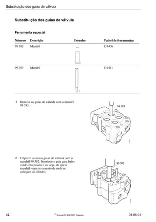 42 © Scania CV AB 2007, Sweden 01:06-01
Substituição dos guias de válvula
Ferramenta especial
1 Remova os guias de válvula com o mandril
99 383.
Número Descrição Desenho Painel de ferramentas
99 382 Mandril D1-C6
99 383 Mandril D1-B1
99 382
110864
99 383
110865
2 Empurre os novos guias de válvula com o
mandril 99 382. Pressione o guia para baixo
o máximo possível, ou seja, até que o
mandril toque no assento de mola no
cabeçote do cilindro.
Substituição dos guias de válvula
 