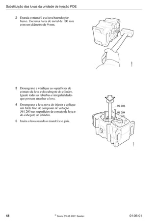 44 © Scania CV AB 2007, Sweden 01:06-01
2 Extraia o mandril e a luva batendo por
baixo. Use uma barra de metal de 100 mm
com um diâmetro de 9 mm.
113284
3 Desengraxe e verifique as superfícies de
contato da luva e do cabeçote do cilindro.
Iguale todas as rebarbas e irregularidades
que possam arranhar a luva.
4 Desengraxe a luva nova do injetor e aplique
um filete fino de composto de vedação
561 200 nas superfícies de contato da luva e
do cabeçote do cilindro.
5 Insira a luva usando o mandril e o guia.
113231
99 394
99 395
Substituição das luvas da unidade de injeção PDE
 