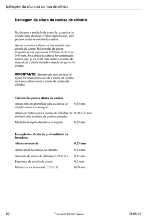 50 © Scania CV AB 2007, Sweden 01:06-01
Usinagem da altura da camisa de cilindro
Se, durante a medição de controle, a camisa de
cilindro não alcançar o valor especificado, será
preciso usinar o assento da camisa.
Ajuste a camisa à altura correta usando uma
arruela de ajuste. Há arruelas de ajuste
disponíveis nas espessuras 0,20 mm, 0,30 mm e
0,40 mm. Se a altura da camisa for aumentada
menos que, p. ex. 0,20 mm, usine o assento do
mancal até a altura inclusive arruela de ajuste for
correta.
IMPORTANTE! Sempre que uma arruela de
ajuste for usada para acertar a altura da camisa,
será necessário usinar a altura da camisa de
cilindro.
Tolerâncias para a altura da camisa
Altura mínima permitida para a camisa de
cilindro antes da usinagem
0,15 mm
Altura permitida para a camisa de cilindro em
motores com assentos de camisa usinados
0,20-0,30 mm
Medição desejada durante a usinagem 0,25 mm
Exemplo de cálculo da profundidade da
fresadora
Altura necessária 0,25 mm
Altura atual da camisa de cilindro 0,14 mm
Aumento da altura do cilindro (0,25-0,14) 0,11 mm
Espessura da arruela de ajuste 0,2 mm
Material a ser removido (0,2-0,11) 0,09 mm
Usinagem da altura da camisa de cilindro
 