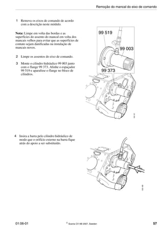 01:06-01 © Scania CV AB 2007, Sweden 57
1 Remova os eixos de comando de acordo
com a descrição neste módulo.
Nota: Limpe em volta das bordas e as
superfícies do assento do mancal em volta dos
mancais velhos para evitar que as superfícies de
contato sejam danificadas na instalação de
mancais novos.
2 Limpe os assentos do eixo de comando.
3 Monte o cilindro hidráulico 99 003 junto
com o flange 99 373. Alinhe o espaçador
99 519 e aparafuse o flange no bloco de
cilindros.
4 Insira a barra pelo cilindro hidráulico de
modo que o orifício externo na barra fique
atrás do apoio a ser substituído.
Remoção do mancal do eixo de comando
 