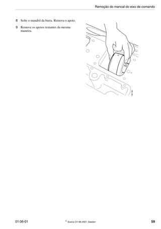 01:06-01 © Scania CV AB 2007, Sweden 59
8 Solte o mandril da barra. Remova o apoio.
9 Remova os apoios restantes da mesma
maneira.
Remoção do mancal do eixo de comando
 