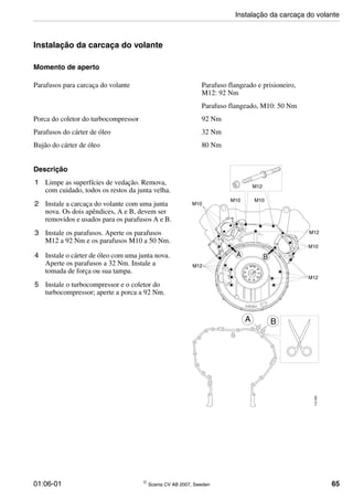01:06-01 © Scania CV AB 2007, Sweden 65
Instalação da carcaça do volante
Momento de aperto
Descrição
1 Limpe as superfícies de vedação. Remova,
com cuidado, todos os restos da junta velha.
2 Instale a carcaça do volante com uma junta
nova. Os dois apêndices, A e B, devem ser
removidos e usados para os parafusos A e B.
3 Instale os parafusos. Aperte os parafusos
M12 a 92 Nm e os parafusos M10 a 50 Nm.
4 Instale o cárter de óleo com uma junta nova.
Aperte os parafusos a 32 Nm. Instale a
tomada de força ou sua tampa.
5 Instale o turbocompressor e o coletor do
turbocompressor; aperte a porca a 92 Nm.
Parafusos para carcaça do volante Parafuso flangeado e prisioneiro,
M12: 92 Nm
Parafuso flangeado, M10: 50 Nm
Porca do coletor do turbocompressor 92 Nm
Parafusos do cárter de óleo 32 Nm
Bujão do cárter de óleo 80 Nm
112295
M12
M10
M12
M12
M10
M10
A B
A B
M10
M12
Instalação da carcaça do volante
 