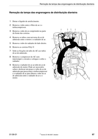 01:06-01 © Scania CV AB 2007, Sweden 67
Remoção da tampa das engrenagens de distribuição dianteira
1 Drene o líquido de arrefecimento.
2 Remova o tubo entre o filtro de ar e o
turbocompressor.
3 Remova o tubo de ar comprimido na parte
da frente das correias.
4 Remova os tubos com nervuras do ar de
admissão entre o motor e o radiador de ar.
5 Remova o tubo do radiador do lado direito.
6 Remova as correias Poly-V.
7 Solte as fixações do tubo do AC aos tubos
do ar de admissão.
8 Remova o compressor do AC sem
interromper o circuito e coloque-o sobre o
radiador.
9 Remova o radiador do ar ao tubo de ar de
admissão do motor. Pode ser necessário
soltar e deslocar um pouco o tubo do ar de
admissão que passa entre o turbocompressor
e o radiador de ar para liberar o tubo do ar
de admissão entre o radiador de ar e o
motor.
2
3
4 5
7
9 4
136136
Remoção da tampa das engrenagens de distribuição dianteira
 