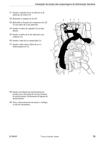 01:06-01 © Scania CV AB 2007, Sweden 73
11 Instale o radiador de ar no tubo de ar de
admissão do motor (9).
12 Reinstale o compressor do AC.
13 Reinstale as fixações do compressor do AC
(7) nos tubos de ar de admissão.
14 Instale os tubos do radiador (5) no lado
direito.
15 Instale os tubos do ar de admissão com
ranhuras (4).
16 Instale o tubo de ar comprimido (3).
17 Instale o tubo entre o filtro de ar e o
turbocompressor (2).
2
3
4 5
7
9 4
136136
18 Encha com líquido de arrefecimento de
acordo com a descrição de serviço Sistema
de arrefecimento, Enchimento do líquido de
arrefecimento.
19 Teste o funcionamento do motor e verifique
se não há vazamentos.
Instalação da tampa das engrenagens de distribuição dianteira
 