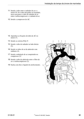 01:06-01 © Scania CV AB 2007, Sweden 81
11 Instale o tubo entre o radiador de ar e o
motor (9). Se o tubo não puder ser instalado,
mova um pouco o tubo do radiador de ar
entre o turbocompressor e o radiador de ar.
12 Instale o compressor do AC.
13 Aparafuse as fixações do tubo do AC no
motor (7).
14 Instale as correias Poly-V.
15 Instale o tubo do radiador no lado direito
(5).
16 Instale os tubos do ar de admissão com
ranhuras (4).
17 Instale a tubulação de ar comprimido no
compressor (3).
18 Instale o tubo de admissão entre o filtro de
ar e o turbocompressor (2).
19 Encha com óleo e líquido de arrefecimento.
2
3
4 5
7
9 4
136136
Instalação da tampa da árvore de manivelas
 