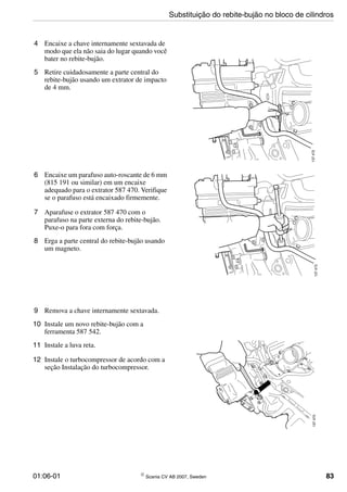 01:06-01 © Scania CV AB 2007, Sweden 83
Substituição do rebite-bujão no bloco de cilindros
4 Encaixe a chave internamente sextavada de
modo que ela não saia do lugar quando você
bater no rebite-bujão.
5 Retire cuidadosamente a parte central do
rebite-bujão usando um extrator de impacto
de 4 mm.
137472
6 Encaixe um parafuso auto-roscante de 6 mm
(815 191 ou similar) em um encaixe
adequado para o extrator 587 470. Verifique
se o parafuso está encaixado firmemente.
7 Aparafuse o extrator 587 470 com o
parafuso na parte externa do rebite-bujão.
Puxe-o para fora com força.
8 Erga a parte central do rebite-bujão usando
um magneto.
137473
9 Remova a chave internamente sextavada.
10 Instale um novo rebite-bujão com a
ferramenta 587 542.
11 Instale a luva reta.
12 Instale o turbocompressor de acordo com a
seção Instalação do turbocompressor.
137470
 