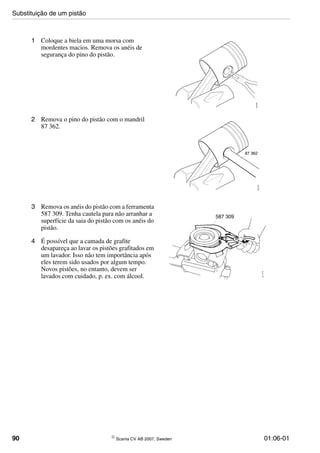90 © Scania CV AB 2007, Sweden 01:06-01
1 Coloque a biela em uma morsa com
mordentes macios. Remova os anéis de
segurança do pino do pistão.
100209
2 Remova o pino do pistão com o mandril
87 362.
100210
87 362
3 Remova os anéis do pistão com a ferramenta
587 309. Tenha cautela para não arranhar a
superfície da saia do pistão com os anéis do
pistão.
4 É possível que a camada de grafite
desapareça ao lavar os pistões grafitados em
um lavador. Isso não tem importância após
eles terem sido usados por algum tempo.
Novos pistões, no entanto, devem ser
lavados com cuidado, p. ex. com álcool.
587 309
Substituição de um pistão
 
