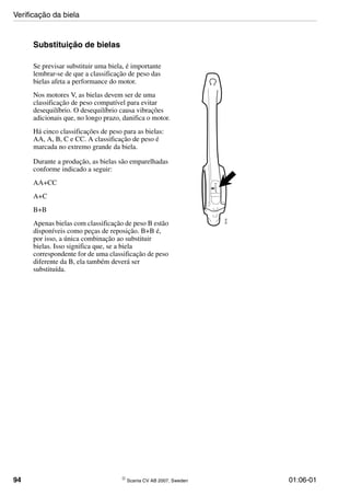 94 © Scania CV AB 2007, Sweden 01:06-01
Substituição de bielas
Se previsar substituir uma biela, é importante
lembrar-se de que a classificação de peso das
bielas afeta a performance do motor.
Nos motores V, as bielas devem ser de uma
classificação de peso compatível para evitar
desequilíbrio. O desequilíbrio causa vibrações
adicionais que, no longo prazo, danifica o motor.
Há cinco classificações de peso para as bielas:
AA, A, B, C e CC. A classificação de peso é
marcada no extremo grande da biela.
Durante a produção, as bielas são emparelhadas
conforme indicado a seguir:
AA+CC
A+C
B+B
Apenas bielas com classificação de peso B estão
disponíveis como peças de reposição. B+B é,
por isso, a única combinação ao substituir
bielas. Isso significa que, se a biela
correspondente for de uma classificação de peso
diferente da B, ela também deverá ser
substituída.
136169
Verificação da biela
 