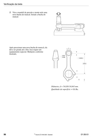 96 © Scania CV AB 2007, Sweden 01:06-01
2 Vire o mandril de pressão e monte nele uma
nova bucha do mancal. Instale a bucha do
mancal.
115529
Após pressionar uma nova bucha do mancal, ela
deve ser girada até o fim. Isso requer um
equipamento especial. Medições conforme
ilustrado.
Diâmetro, d = 54,030-54,043 mm.
Qualidade da superfície = 0,6 Ra.
Verificação da biela
 