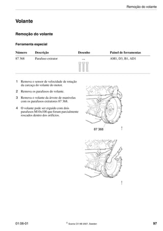01:06-01 © Scania CV AB 2007, Sweden 97
Volante
Remoção do volante
Ferramenta especial
1 Remova o sensor de velocidade de rotação
da carcaça do volante do motor.
2 Remova os parafusos do volante.
3 Remova o volante da árvore de manivelas
com os parafusos extratores 87 368.
4 O volante pode ser erguido com dois
parafusos M10x100 que foram parcialmente
roscados dentro dos orifícios.
Número Descrição Desenho Painel de ferramentas
87 368 Parafuso extrator AM1, D3, B1, AD1
001805
87 368
111898
87 368
111899
Remoção do volante
 