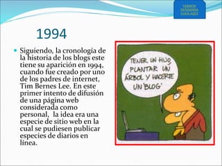 1994
 Siguiendo, la cronología de
la historia de los blogs este
tiene su aparición en 1994,
cuando fue creado por uno
de los padres de internet,
Tim Bernes Lee. En este
primer intento de difusión
de una página web
considerada como
personal, la idea era una
especie de sitio web en la
cual se pudiesen publicar
especies de diarios en
línea.
VERSIÓN
EXTENDIDA
CLICK AQUÍ
 
